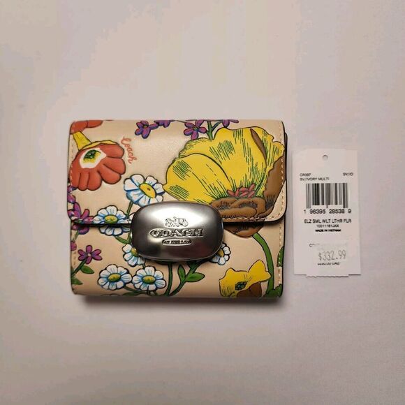 NWT Coach CR394 Eliza Small Wallet With Floral Print Ivory & Multi leather - Picture 1 of 5